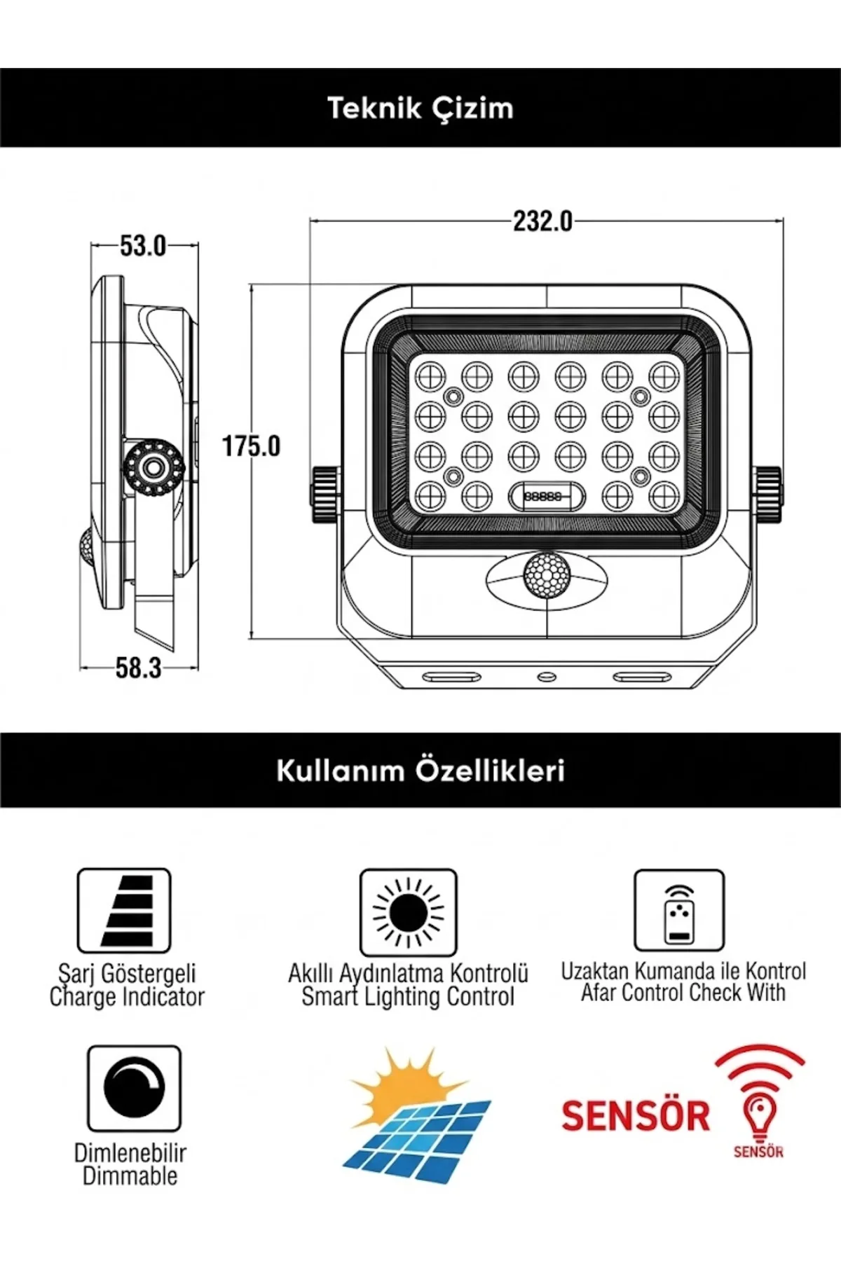 150W LENSLİ SOLAR LED PROJEKTÖR 6500K IP65 - Görsel 3