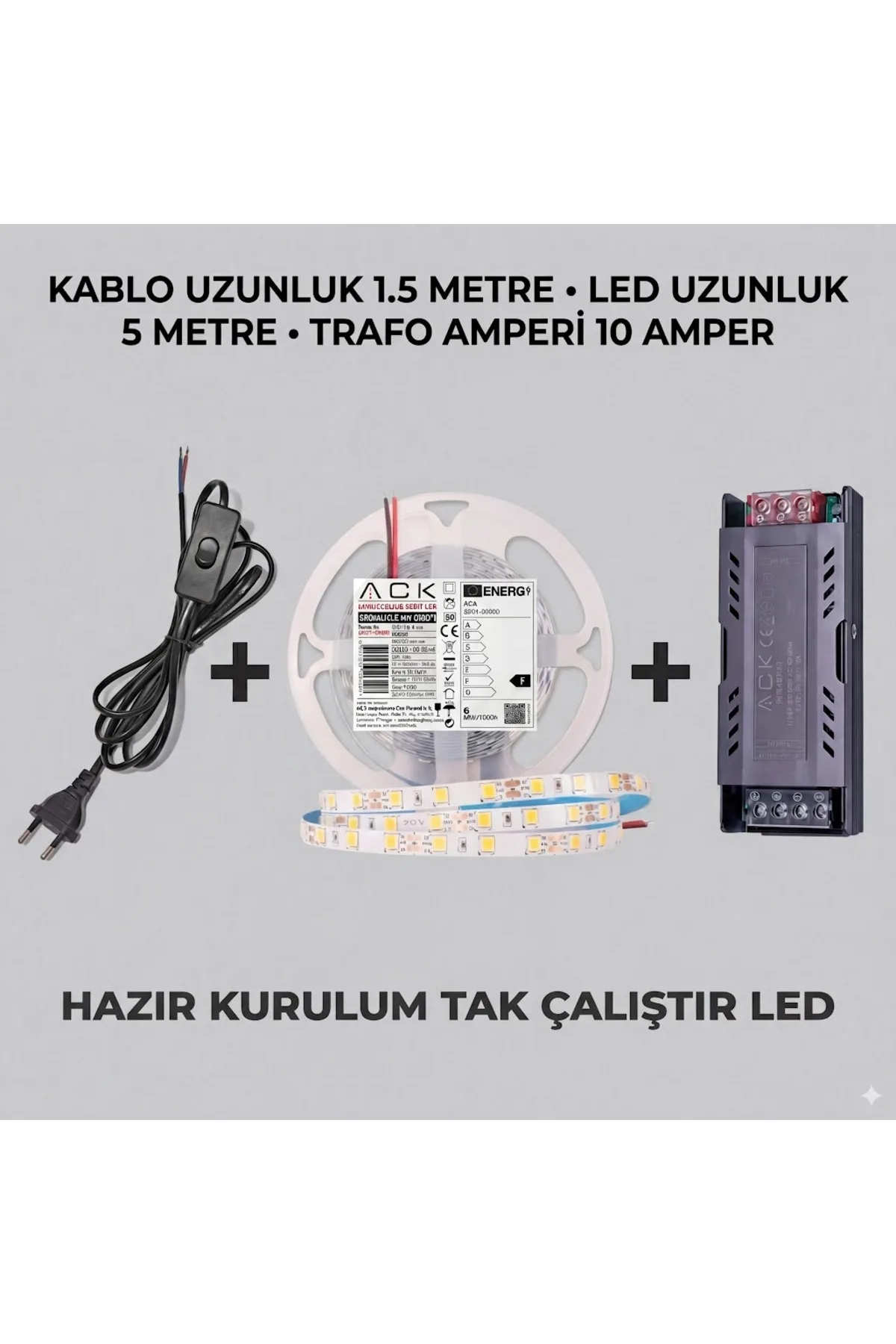 5 METRE 4000K ŞERİT LED AYDINLATMA SETİ - 10A TRAFO + 1.5M FİŞLİ KABLO - HAZIR TAK ÇALIŞTIR